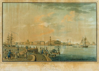 De Beurs en de Rostral Kolommen, Sint-Petersburg, 1807 (gravure) door Benjamin Patersson